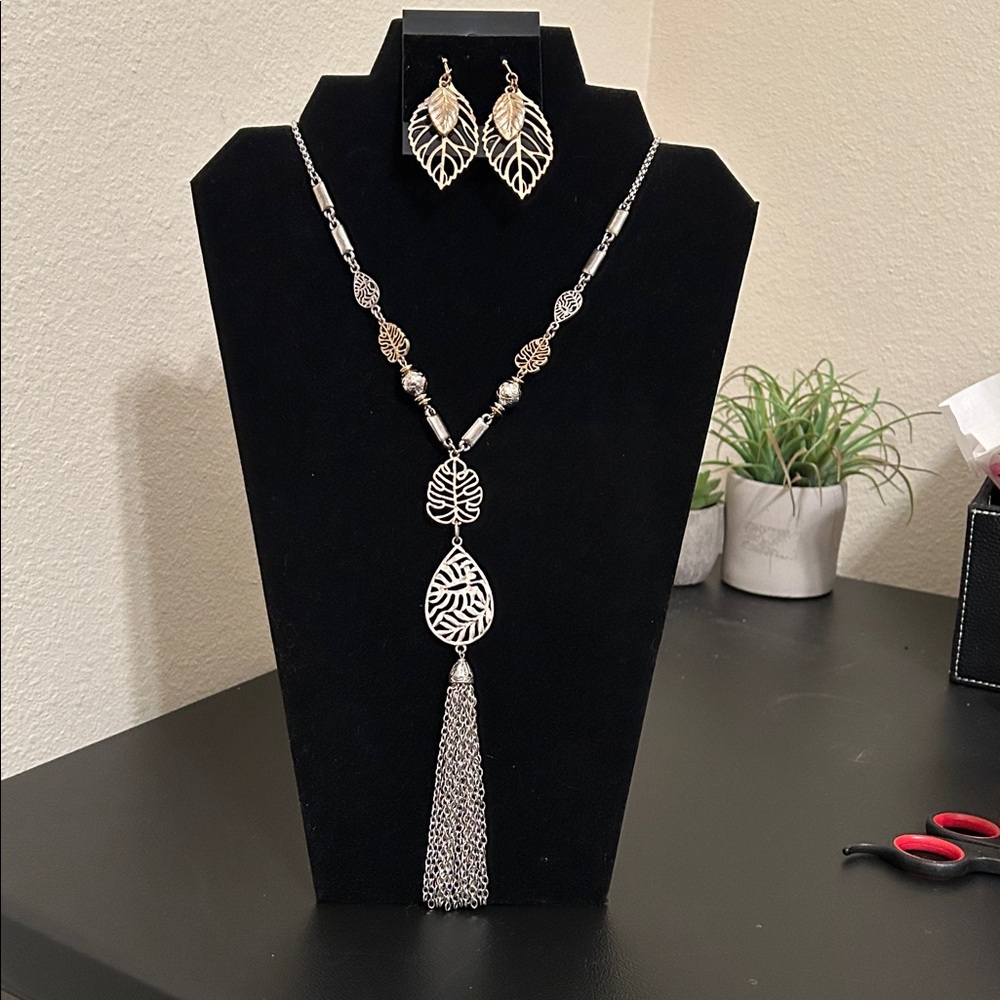 Ruby Rd. Silver and Gold Necklace and Earrings with Leaf and Tassel Design